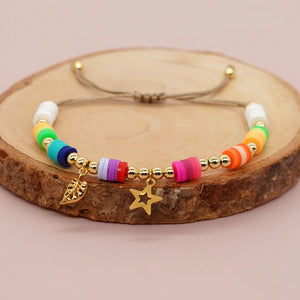 Colorful Rainbow Boho Heishi Plated Star Leaf Charm Bracelet