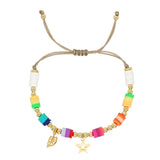 Colorful Rainbow Boho Heishi Plated Star Leaf Charm Bracelet