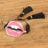 Pink Sexy Lips Bracelet Chain with Tassel Crystal Beads