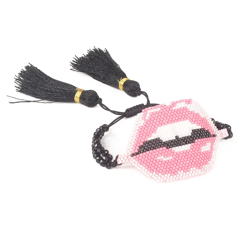 Pink Sexy Lips Bracelet Chain with Tassel Crystal Beads