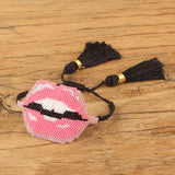 Pink Sexy Lips Bracelet Chain with Tassel Crystal Beads