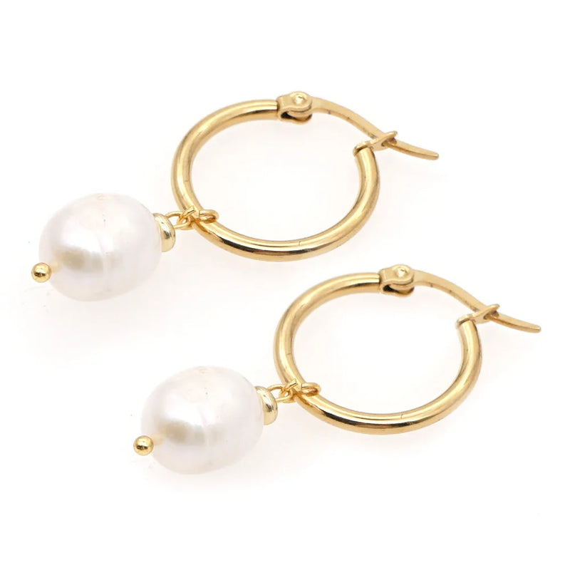 Go2boho Freshwater Pearl Earring Women Jewelry Stainless Steel Hoops