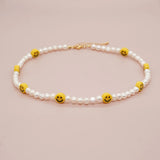 Freshwater Pearl Choker Yellow Smiley Bead Necklace for Summer Beach