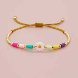 Daisy Charm Heishi & Plated Bead Friendship Bracelet - Summer Boho Gift