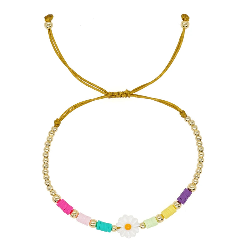 Daisy Charm Heishi & Plated Bead Friendship Bracelet - Summer Boho Gift