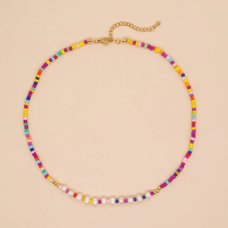 Colorful Seed Beads & Pearl Choker Necklace for Women Boho Summer Chain
