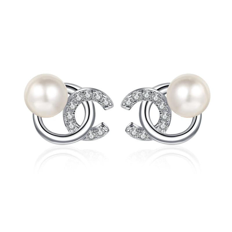 14K Plated Pearl Earrings Silver Studs for Women