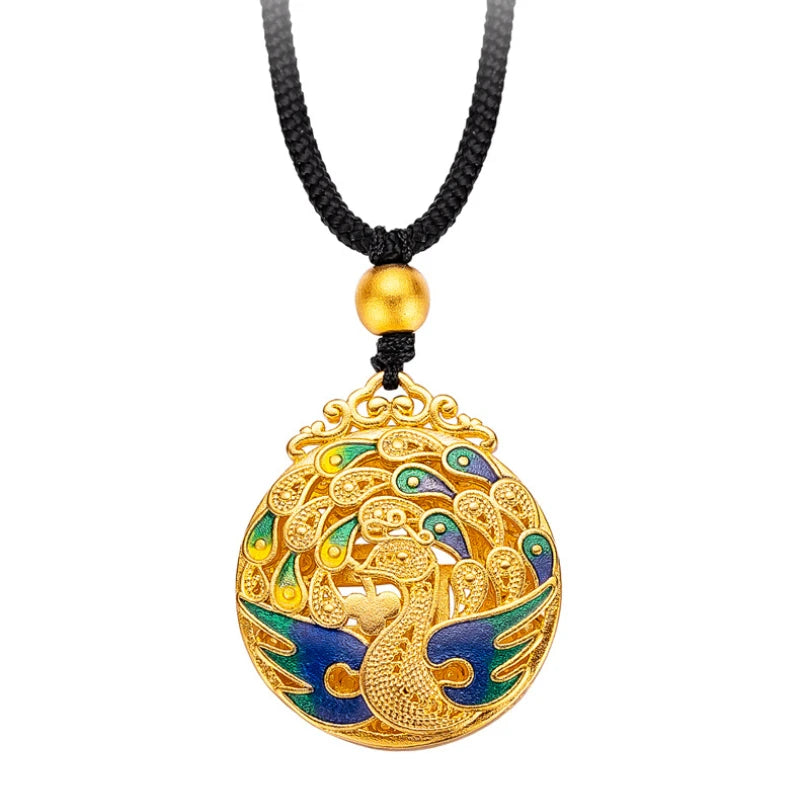 18K Enamel Phoenix Pendant Necklace for Women Fine Jewelry