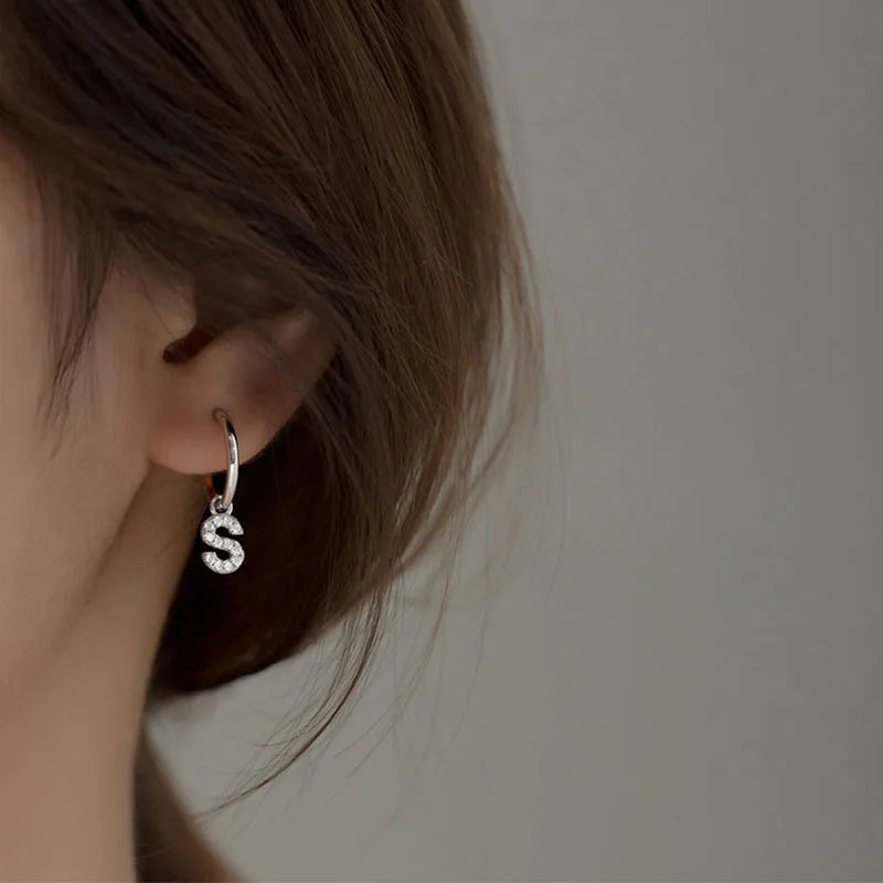 925 Silver Zircon Letter Earrings, Women Hoop Earring Jewelry Gift