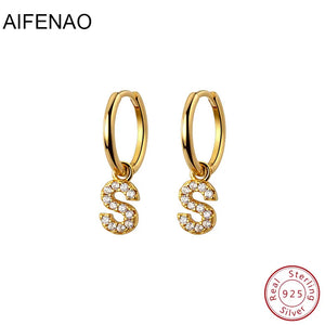 925 Silver Zircon Letter Earrings, Women Hoop Earring Jewelry Gift