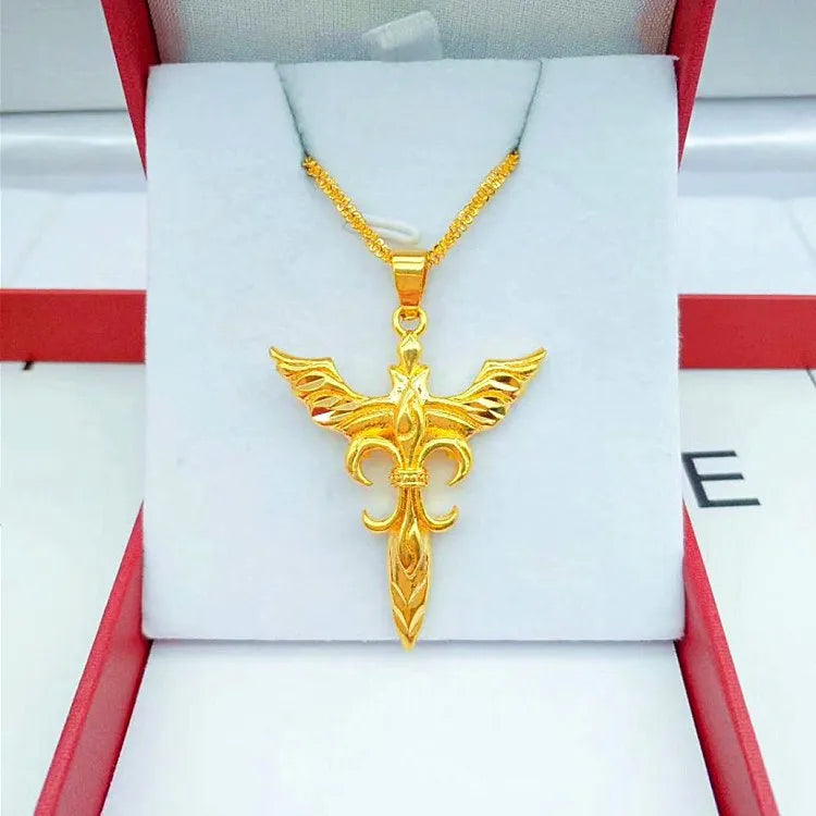 Angel Sword Cross Pendant Necklace for Men Women Craft Imitated Chain Jewelry