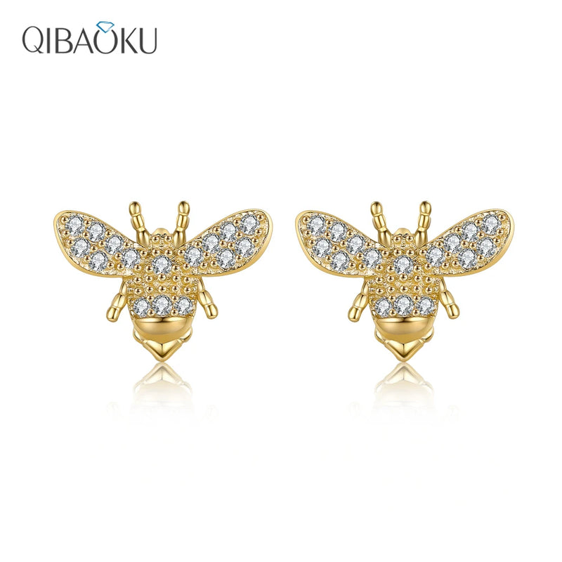 Bee Stud Earrings 925 Sterling Silver Clear Zircon Party