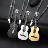 3 Colors Music Guitar Pendant Necklaces Titanium Stainless Steel Chain