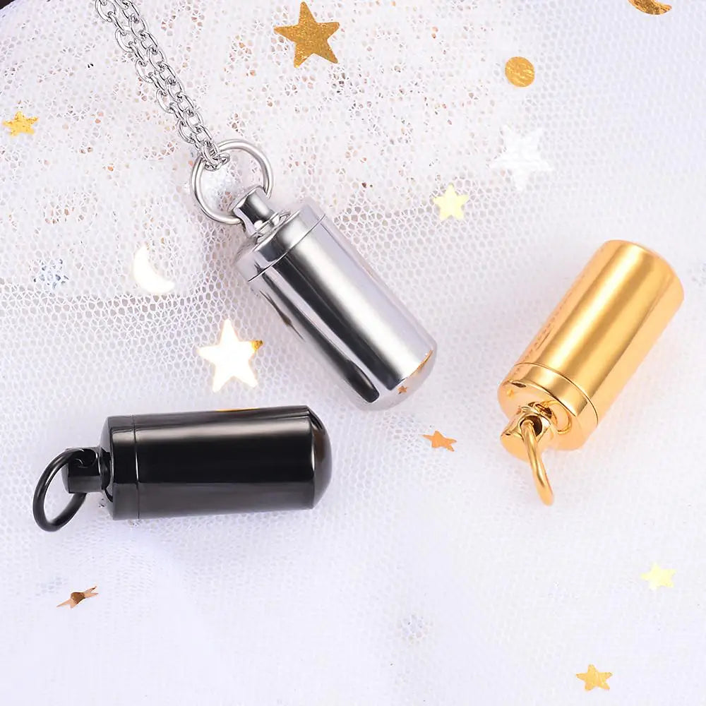 Stainless Steel Cylinder Memorial Urn Pendant Necklace