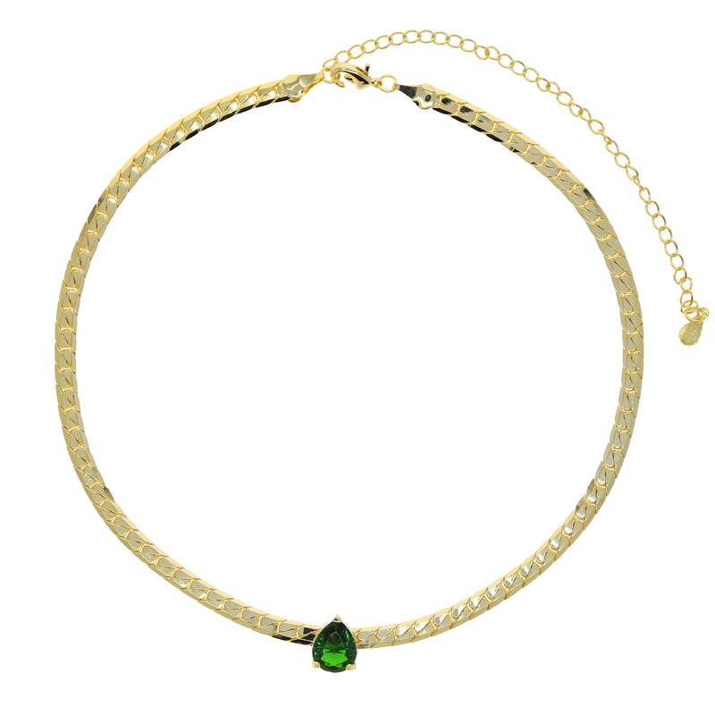 Green Tear Drop CZ Cuban Link Chain Necklace
