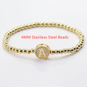 Stainless Steel Initial Letter Bracelet with Zircon Name, 4MM Beads, Gift