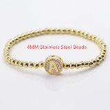 Stainless Steel Initial Letter Bracelet with Zircon Name, 4MM Beads, Gift