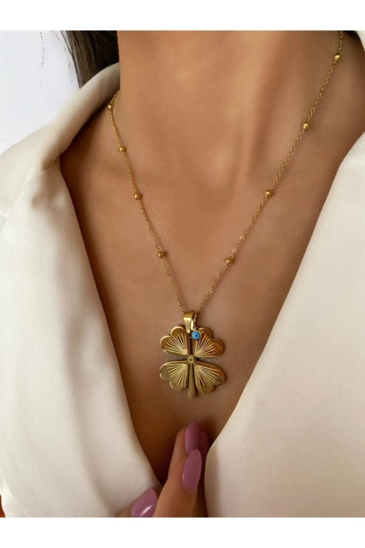 Stainless 4-Leaf Clover Long Barley Necklace for Women