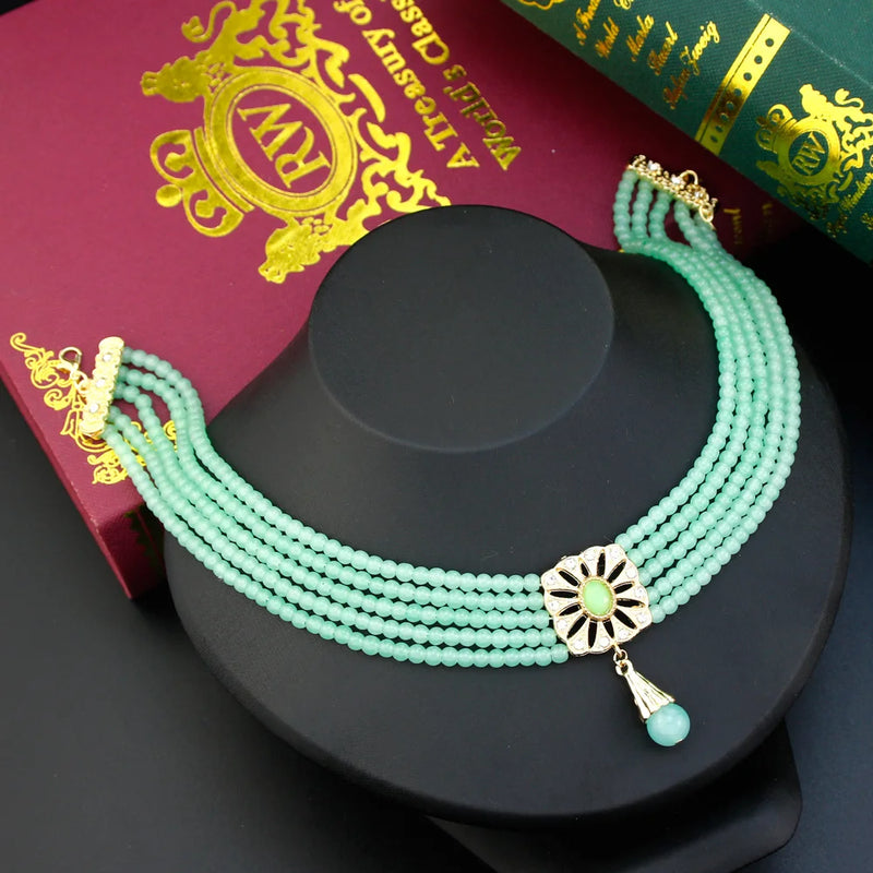 Moroccan Square Metal Pendant Pearl Choker Necklace for Women
