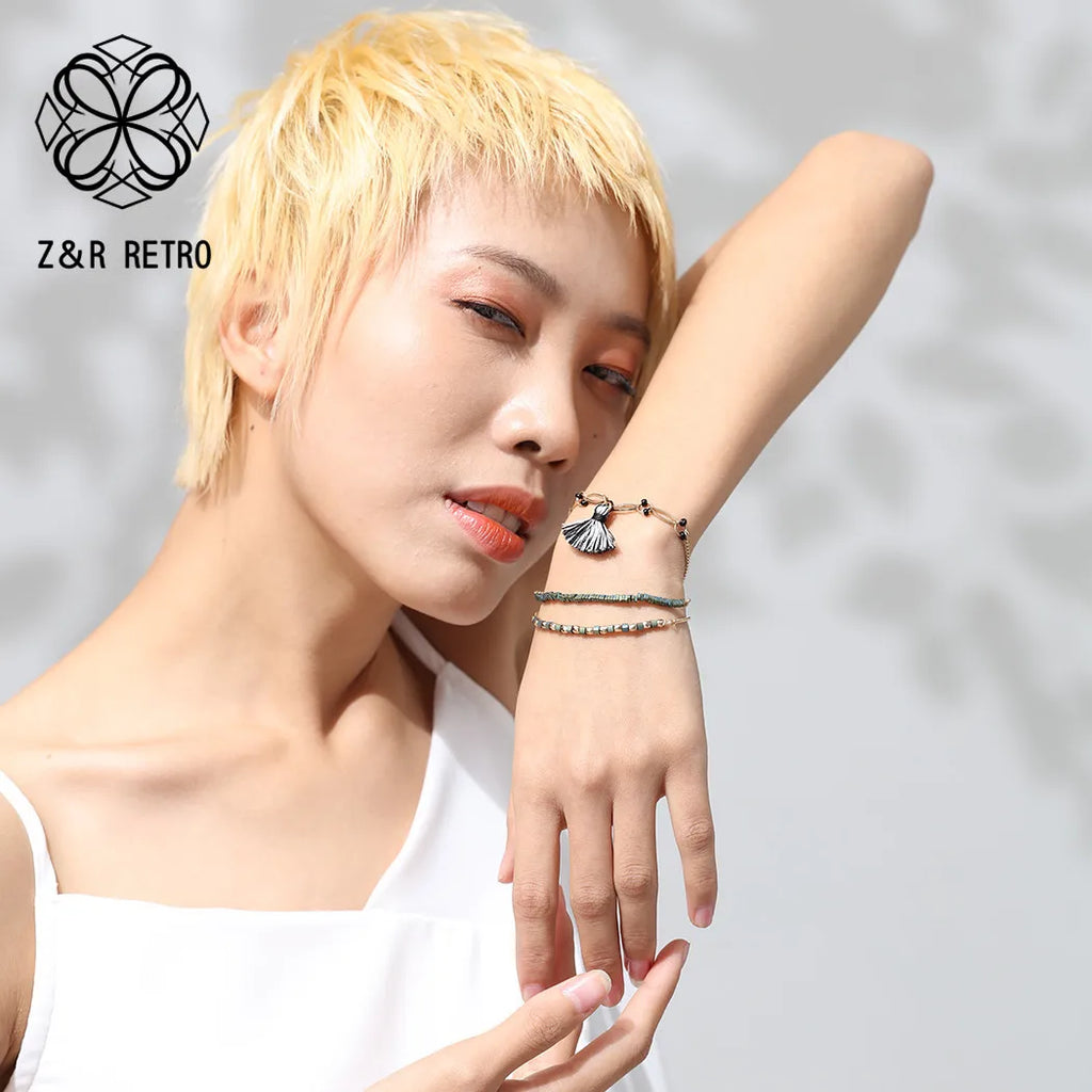 Green Beads Tassel Statement Bracelet for Women