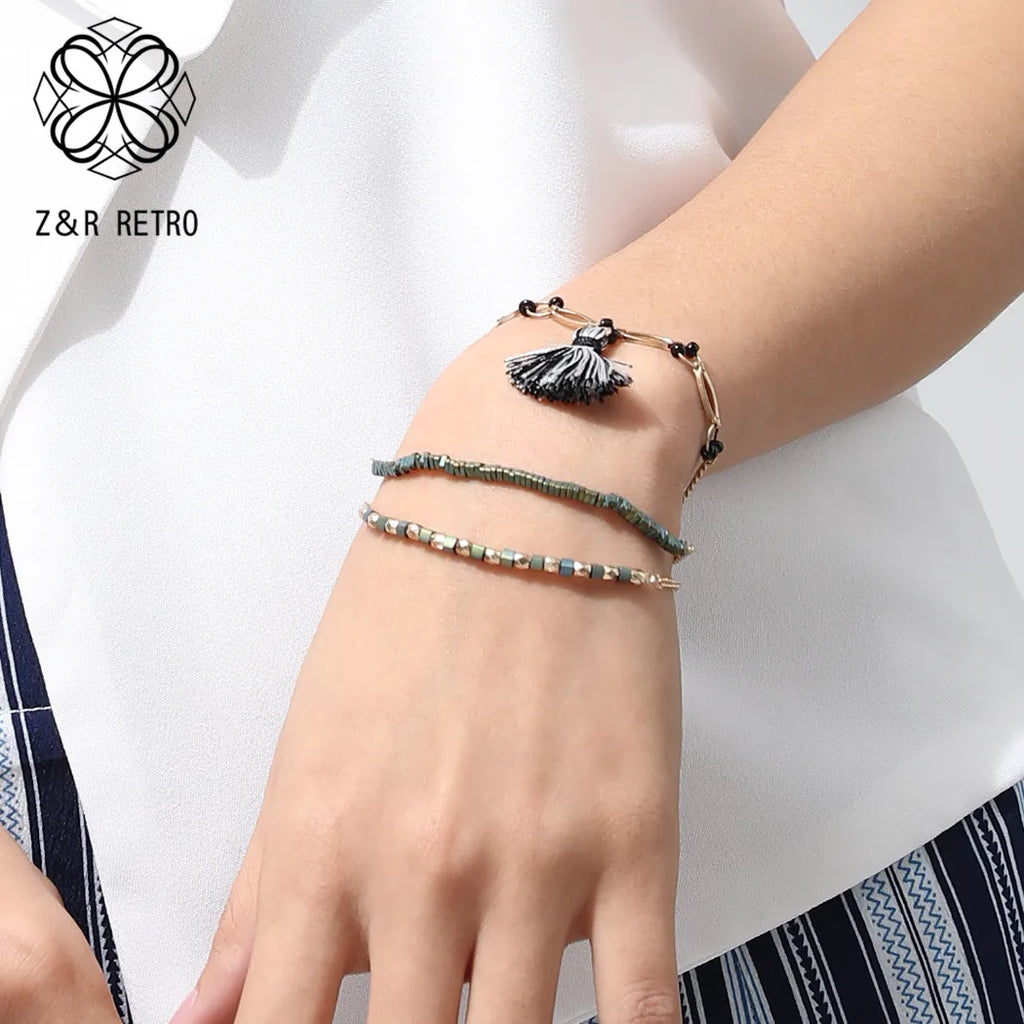 Green Beads Tassel Statement Bracelet for Women