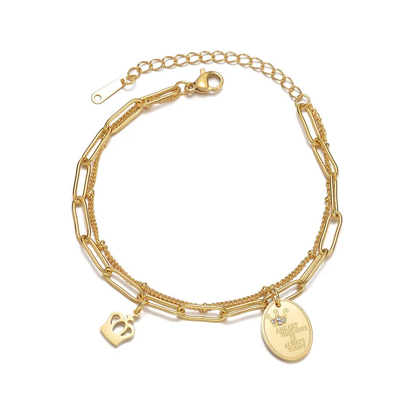 Crown Charm Double Chain Bracelet Stainless Steel Gift