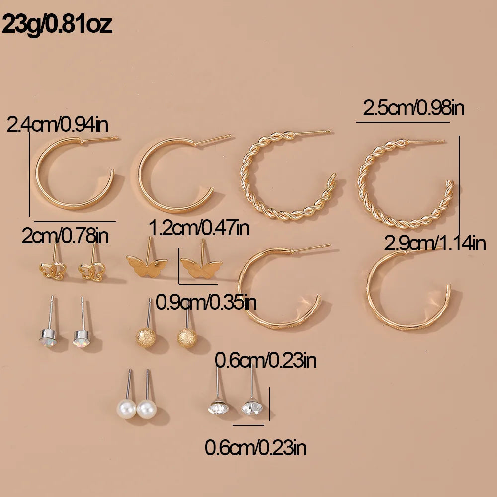 Vintage Pearl Butterfly Heart Circle Hoop Earrings Set