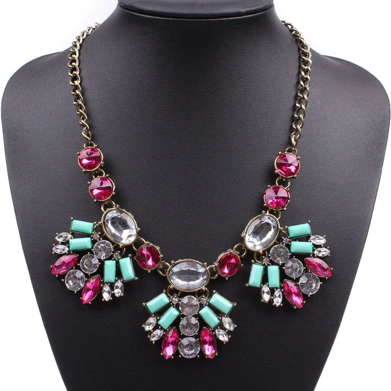 Crystal Flower Pendant Necklace Colorful Alloy Metal Bead Leaf Plant Necklace
