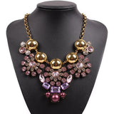 Crystal Flower Pendant Necklace Colorful Alloy Metal Bead Leaf Plant Necklace