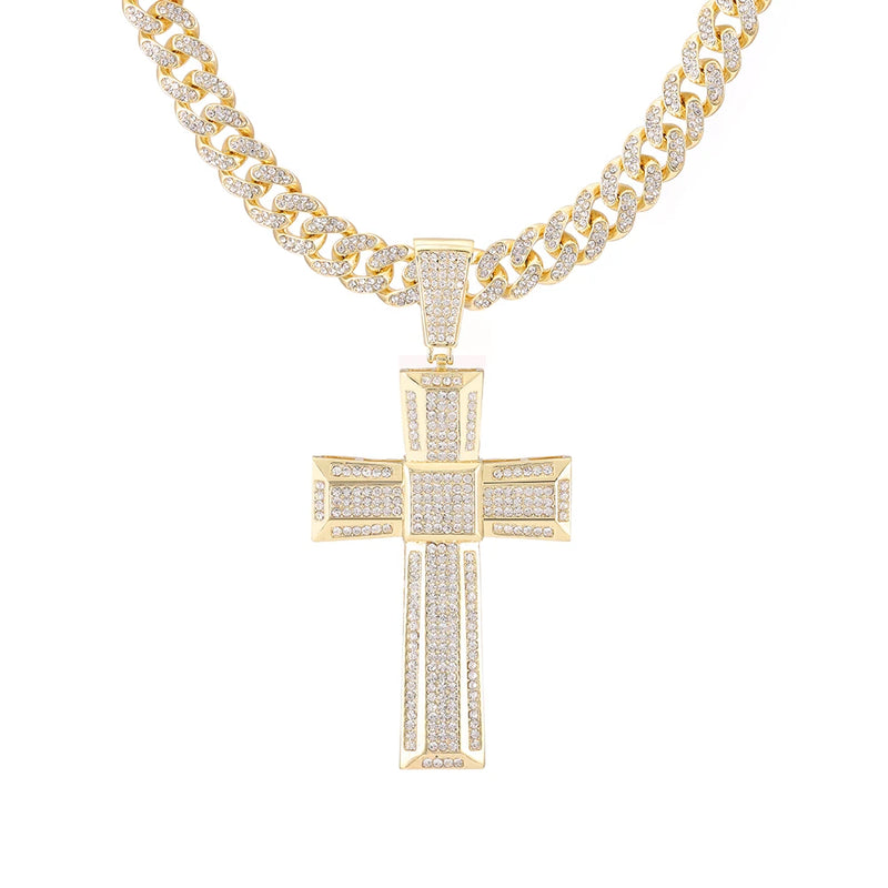 Men's Cross Pendant Necklace with 13Mm Cuban Chain Hip Hop Bling