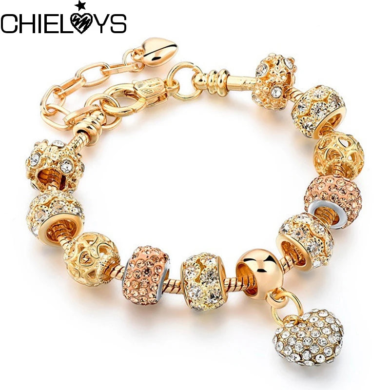 Crystal Love Heart Beads Bracelet With Snake Chain Charm Bracelet