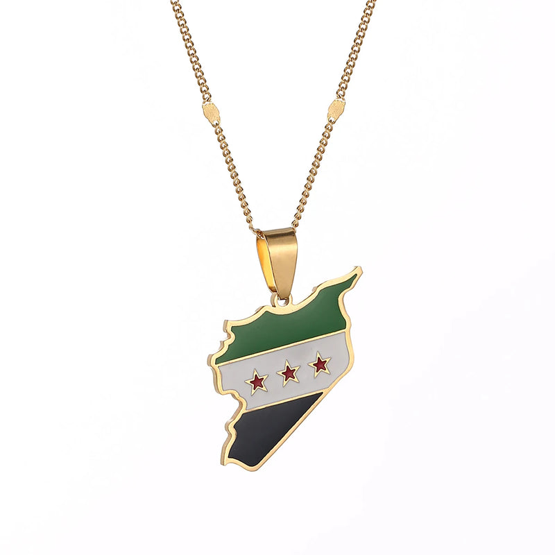 Syria Map Flag Pendant Necklace Silver Jewelry