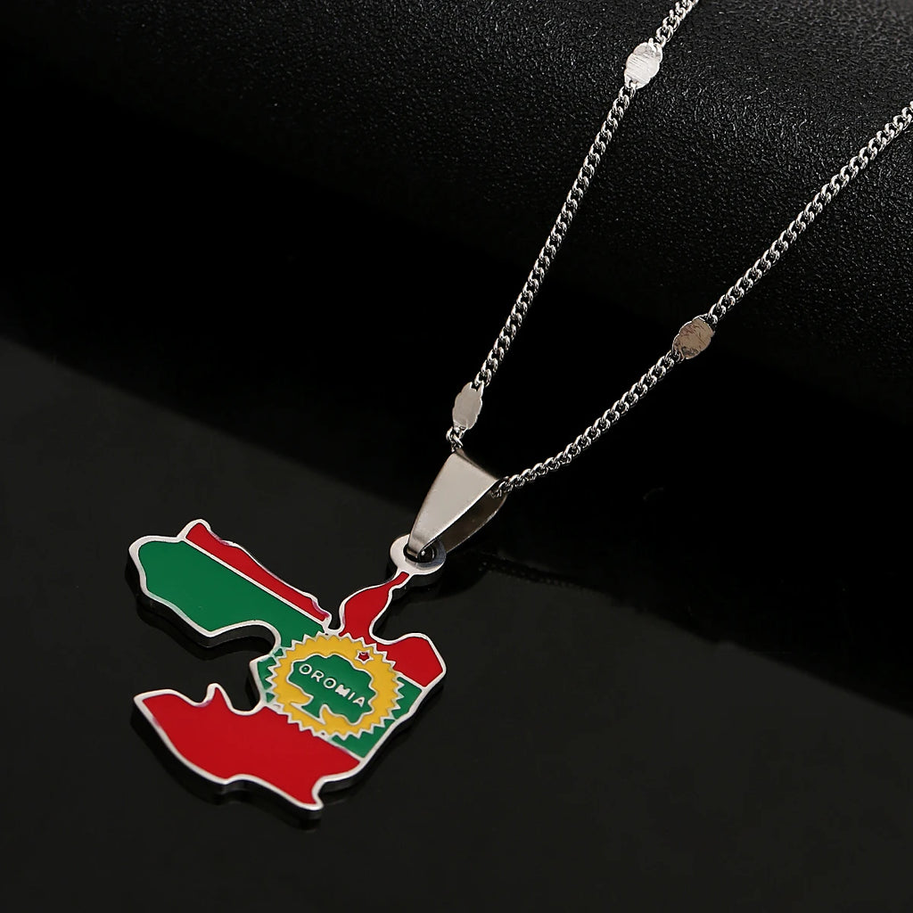 Enamel Colorful Ethiopia Oromia Maps Oromo Flag Pendant Necklaces