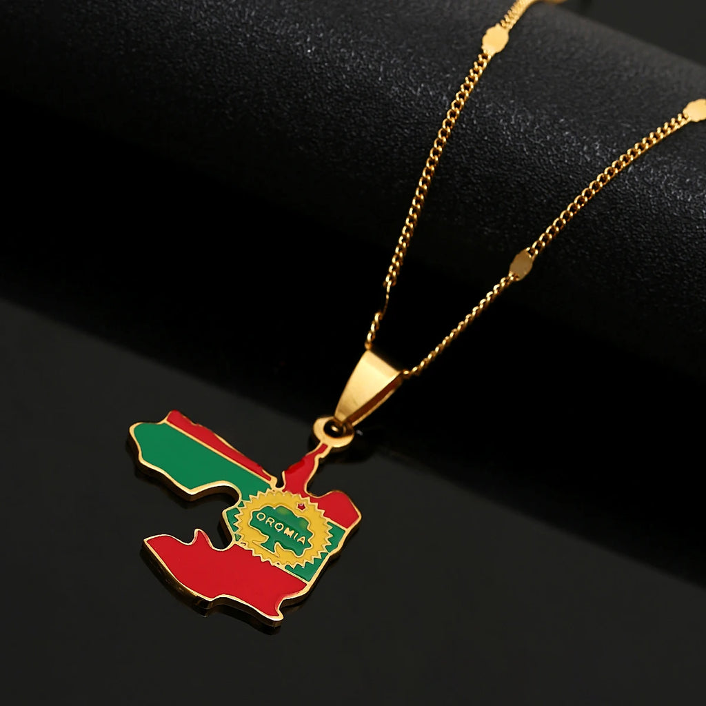 Enamel Colorful Ethiopia Oromia Maps Oromo Flag Pendant Necklaces
