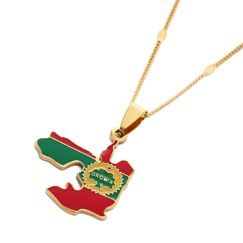 Enamel Colorful Ethiopia Oromia Maps Oromo Flag Pendant Necklaces