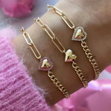 Women Jewelry Cuban Paper Clip Chain Heart Charm Bracelet