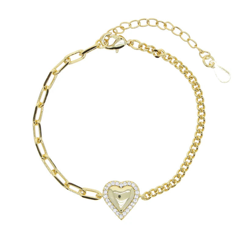 Women Jewelry Cuban Paper Clip Chain Heart Charm Bracelet