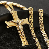 Fish Bone Cross Pendant Necklace Men Stainless Steel Crucifix Jesus Chain