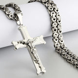 Fish Bone Cross Pendant Necklace Men Stainless Steel Crucifix Jesus Chain