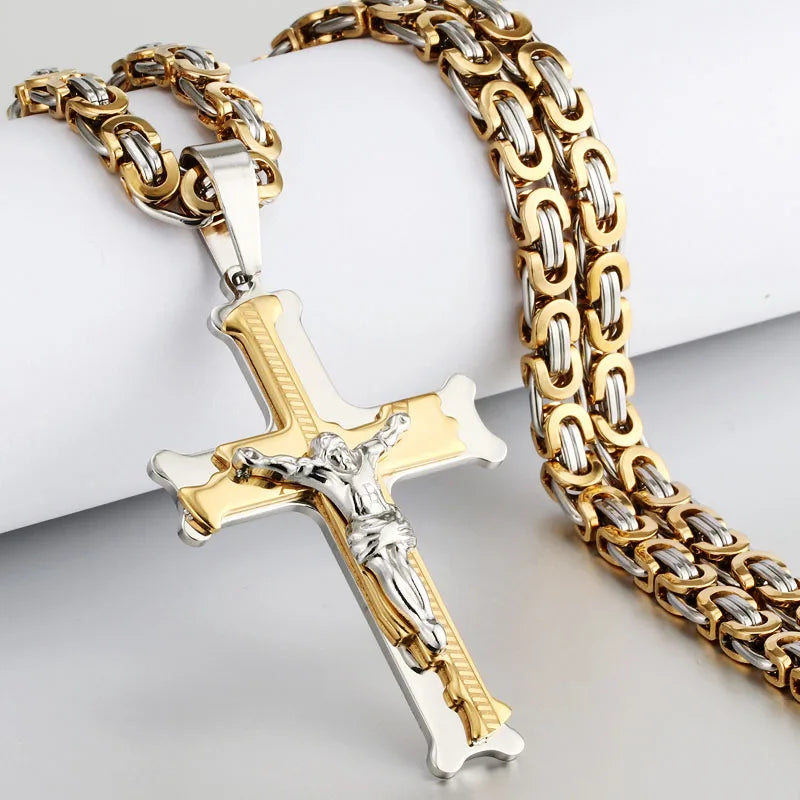 Fish Bone Cross Pendant Necklace Men Stainless Steel Crucifix Jesus Chain