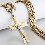 Fish Bone Cross Pendant Necklace Men Stainless Steel Crucifix Jesus Chain