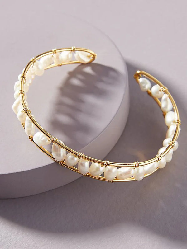 Fresh Water Pearl Braided Cuff Bangle Bracelet for Women