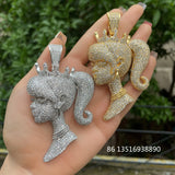 Cubic Zircon Girl Head Pendant Necklace Chain Hip Hop Rock Rapper Style