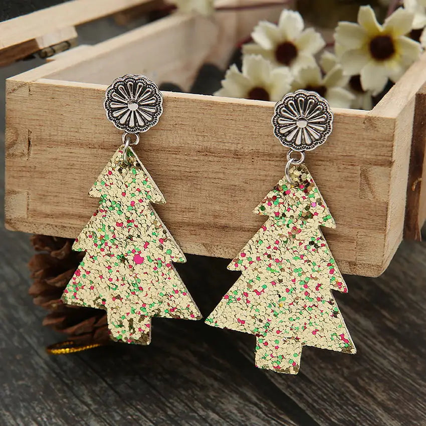Glitter Xmas Tree Drop Earrings Vintage Silver Flower Top Christmas Jewelry
