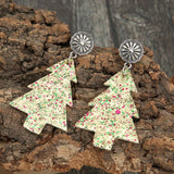 Glitter Xmas Tree Drop Earrings Vintage Silver Flower Top Christmas Jewelry