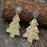 Glitter Xmas Tree Drop Earrings Vintage Silver Flower Top Christmas Jewelry