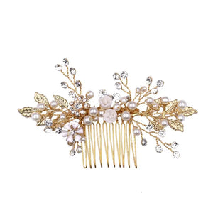 Leaf Hair Combs Jewelry Rhinestone Pearl Hair Comb Tiaras Women Headpiece Weddin