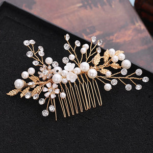 Leaf Hair Combs Jewelry Rhinestone Pearl Hair Comb Tiaras Women Headpiece Weddin