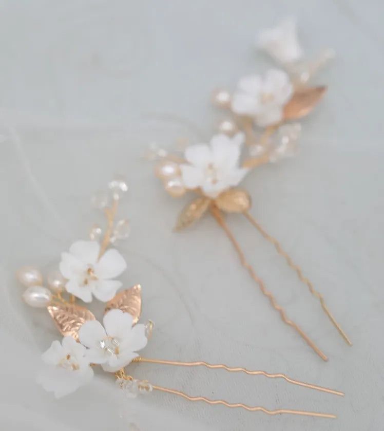Leaf Hair Pins Bridal Clips Porcelain Flower Wedding Headpiece