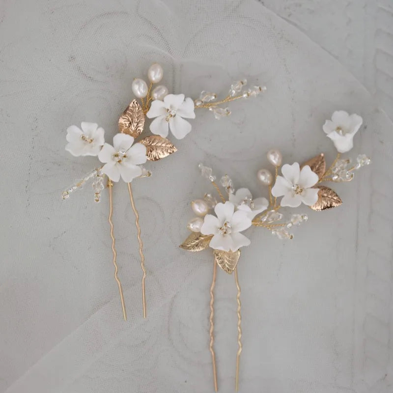 Leaf Hair Pins Bridal Clips Porcelain Flower Wedding Headpiece